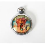 VINTAGE WOOD WOODPECKER POCKET WATCH, MECHANICAL MOVEMENT, steel case, the pictorial dial depicts