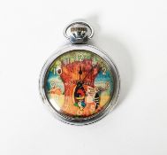 VINTAGE WOOD WOODPECKER POCKET WATCH, MECHANICAL MOVEMENT, steel case, the pictorial dial depicts