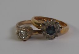 9ct GOLD RING, collet set with a solitaire white stone; PROBABLY 9ct GOLD DAISY CLUSTER RING, set