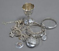 WEIGHTED SILVER EGG CUP, Birmingham 1926, FIVE SMALL SILVER STIFF BANGLES, TWO SILVER LOCKETS ON
