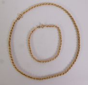 9CT GOLD ROPE CHAIN NECKLACE AND A MATCHING BRACELET, import Sheffield 1979, 37.5cm and 18cm long,