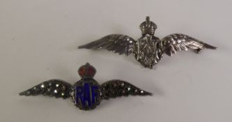 TWO SILVER RAF BROOCHES, one with blue enamel letters and set with marcasite (2)