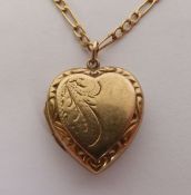 9ct GOLD FINE CHAIN NECKLACE, 24” (61cm) long, AND THE 9ct GOLD ENGRAVED HEART SHAPED LOCKET