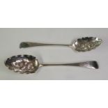 PAIR OF GEORGE III SILVER EARLY ENGLISH PATTERN TABLESPOONS, later enhanced as 'Berry' spoons, the