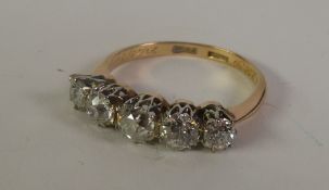18ct GOLD FIVE STONE DIAMOND SET HALF-HOOP RING, total carat weight approximately 1.27ct, 2.7gms