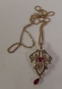 EDWARDIAN STYLE 9ct GOLD OPENWORK BROOCH/PENDANT set with TWO RUBY COLOUR STONES and SEED PEARLS,