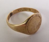 9ct GOLD SIGNET RING, with vacant oval top, ring size ‘R’, 4.7gms