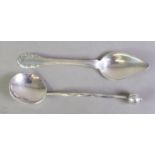 GEORGE V ARTS AND CRAFTS PLANISHED SILVER PRESERVE SPOON BY A.E. JONES, with oval bowl, twisted