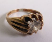 9ct GOLD RING, with a solitaire white stone in a ten claw setting, ring size ‘S’, 3.7gms