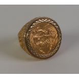 GEORGE V 1912 FULL SOVEREIGN, loose mount in a heavy textured shank as a ring, London 1976, ring