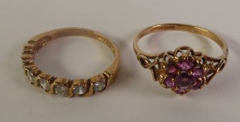 9CT GOLD RUBY CLUSTER RING, seven round-cut rubies to fancy scroll shoulders, Birmingham 1981,