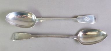 TWO FIDDLE PATTERN SILVER BASTING OR GRAVY SPOONS, one by William Eaton, London 1807, initialled,