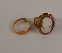 9CT GOLD SHELL CAMEO RING, Birmingham 1972, ring size N, 4.4g; and A 22CT GOLD BAND RING (cut),