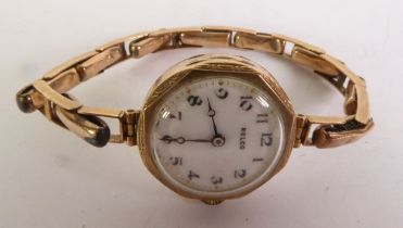 LADY’S ROLCO 9CT GOLD CASED SWISS WRISTWATCH, circular white enamel Arabic dial, 15 jewel