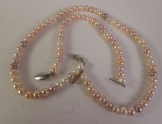 SINGLE STRAND PINKISH HUE PEARL NECKLACE, also MATCHING BRACELET both with 'silver' stamped