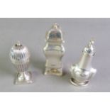 THREE VICTORIAN AND LATER SILVER PEPPERETTES, including one by FREDERICK ELKINGTON, 3.41ozt, (3)