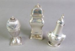 THREE VICTORIAN AND LATER SILVER PEPPERETTES, including one by FREDERICK ELKINGTON, 3.41ozt, (3)