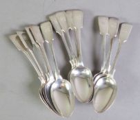 SET OF TWELVE VICTORIAN FIDDLE PATTERN SILVER TEASPOONS BY JOSIAH WILLIAMS & Co, monogrammed, Exeter