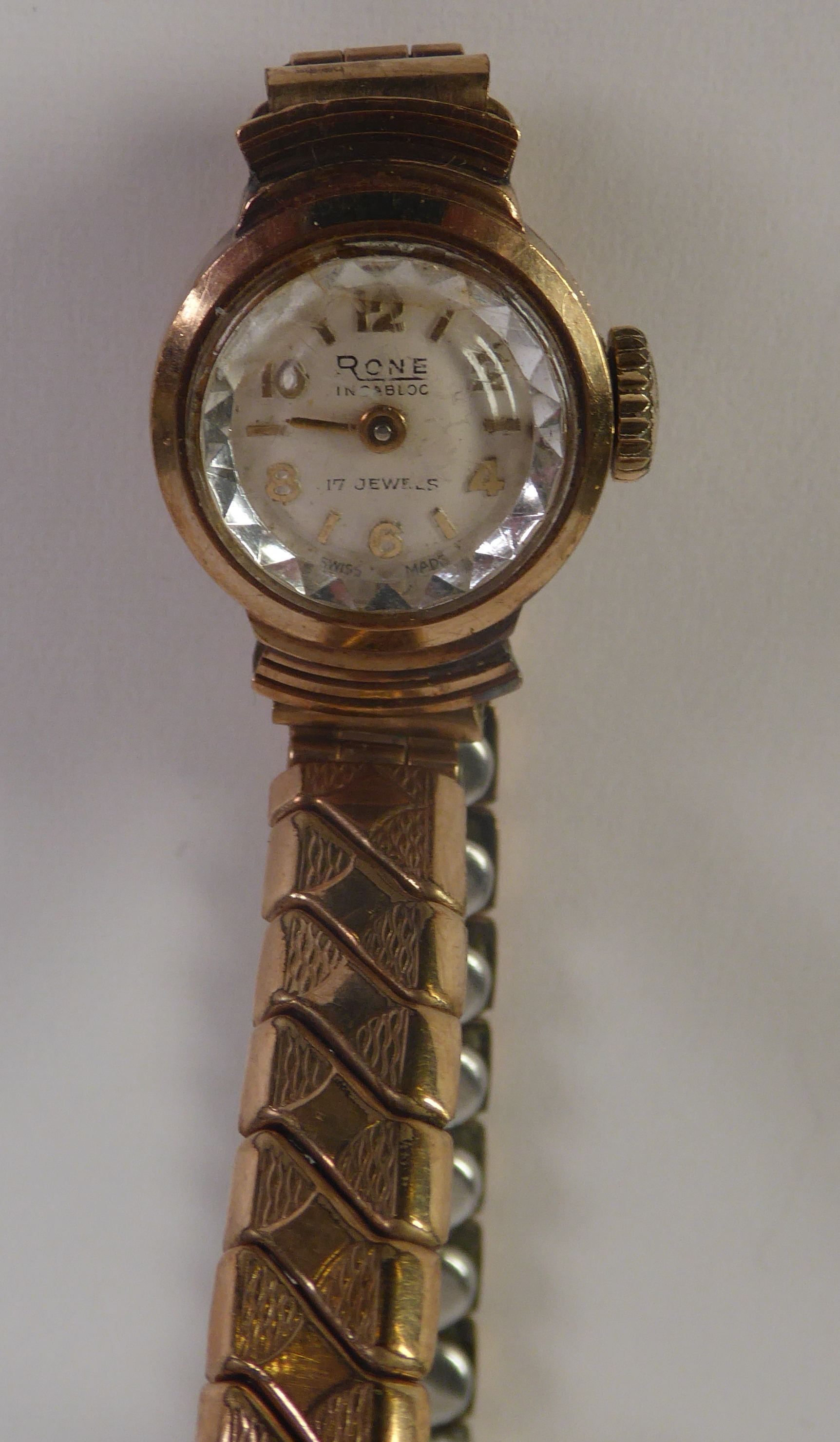 LADY’S RONE INCABLOC 9CT GOLD CASED BRACELET WATCH, 17 jewel movement, circular white Arabic dial on