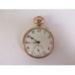 GEORGE VI 9ct  GOLD CASED OPEN FACE POCKET WATCH, the keyless movement with plated screw on dust