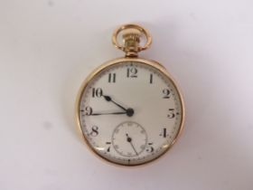 GEORGE VI 9ct  GOLD CASED OPEN FACE POCKET WATCH, the keyless movement with plated screw on dust