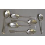 SET OF FOUR GEORGE IV FIDDLE PATTERN SILVER TEASPOONS, initialled, London 1823, together TWO OTHER