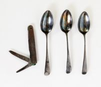 THREE LATE VICTORIAN SILVER TEASPOONS, Sheffield 1900; and A SILVER CASED PEN KNIFE, Sheffield 1896,