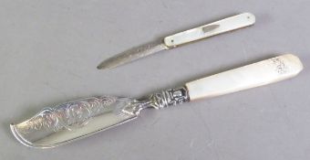 VICTORIAN ENGRAVED SILVER BLADED LARGE BUTTER KNIFE, with mother of pearl handle, initialled,