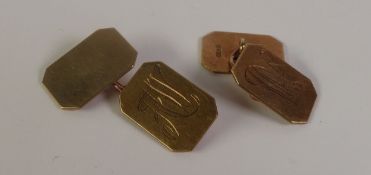 PAIR OF 9CT GOLD DOUBLE CUFFLINKS, canted rectangular form and chain linked, one of each pair