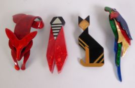 FOUR LEA STEIN, PARIS, LARGE MULTI-COLOURED PLASTIC BROOCHES, comprising a fox, a parrot, a cicada