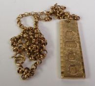 9CT GOLD INGOT PENDANT ON A 9CT GOLD BELCHER CHAIN, London 1977, ingot 4.5cm long, 22.9g