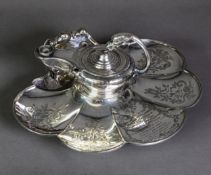 UNUSUAL MID VICTORIAN ELECTRO-PLATED INKSTAND, the ink receiver with glass liner of Roman Lamp