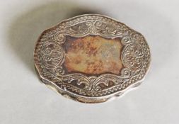 ELIZABETH II SILVER PILL BOX, shaped oval form, the hinged cover repoussé with scrolls and beaded