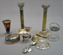 PAIR OF ELECTROPLATED CORINTHIAN TABLE CANDLESTICKS, each of fluted form with square, stepped