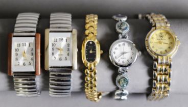 LADY'S AVIA GOLD PLATED BRACELET WATCH, with quartz movement; and FOUR OTHER LADIES QUARTZ