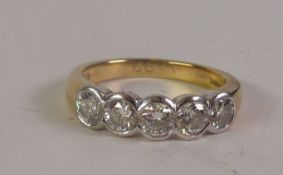 18CT GOLD DIAMOND HALF HOOP RING, five round brilliant-cut diamonds in bezezl-settings, stated total