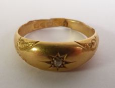 ENGRAVED 18ct GOLD RING, star set with a tiny diamond, Chester hallmark 1909, (SHANK CUT) ring
