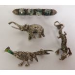 MOSS AGATE AND MARCASITE BAR BROOCH, marked ‘935’, 5.5cm long; AN ENAMEL AND PASTE PHEASANT