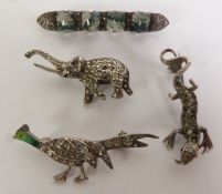 MOSS AGATE AND MARCASITE BAR BROOCH, marked ‘935’, 5.5cm long; AN ENAMEL AND PASTE PHEASANT