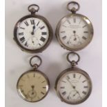 FOUR VARIOUS SILVER CASED OPEN FACED POCKET WATCHES, key wind movements, including Acme Lever, H.