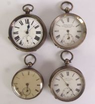 FOUR VARIOUS SILVER CASED OPEN FACED POCKET WATCHES, key wind movements, including Acme Lever, H.