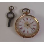 CONTINENTAL 14K GOLD FOB WATCH, CIRCA 1900, with key wind movement, white porcelain circular roman