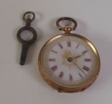 CONTINENTAL 14K GOLD FOB WATCH, CIRCA 1900, with key wind movement, white porcelain circular roman
