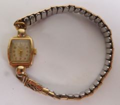 LADY’S EVERITE 9CT GOLD BRACELET WATCH, cushion-shaped silvered Arabic dial, 15 jewel movement, on