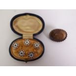 SET OF FIVE MOTHER-OF-PEARL, BLUE ENAMEL AND BLUE PASTE GILT METAL DRESS BUTTONS, in a fitted