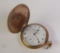 THOMAS RUSSELL ROLLED GOLD FULL HUNTER POCKET WATCH, with keyless movement, white Roman dial with