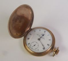 THOMAS RUSSELL ROLLED GOLD FULL HUNTER POCKET WATCH, with keyless movement, white Roman dial with