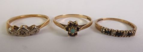 9ct GOLD RING, set with a row of seven small blue and white cubic zirconia; 9ct GOLD DAISY CLUSTER