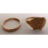 9CT GOLD MONOGRAMMED SIGNET RING, Birmingham 1940, ring size Q1/2; and a 9CT GOLD BAND RING,