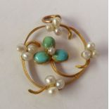 LATE 19TH CENTURY TURQUOISE AND SEED PEARL PENDANT, a central clover with turquoise leaves and a